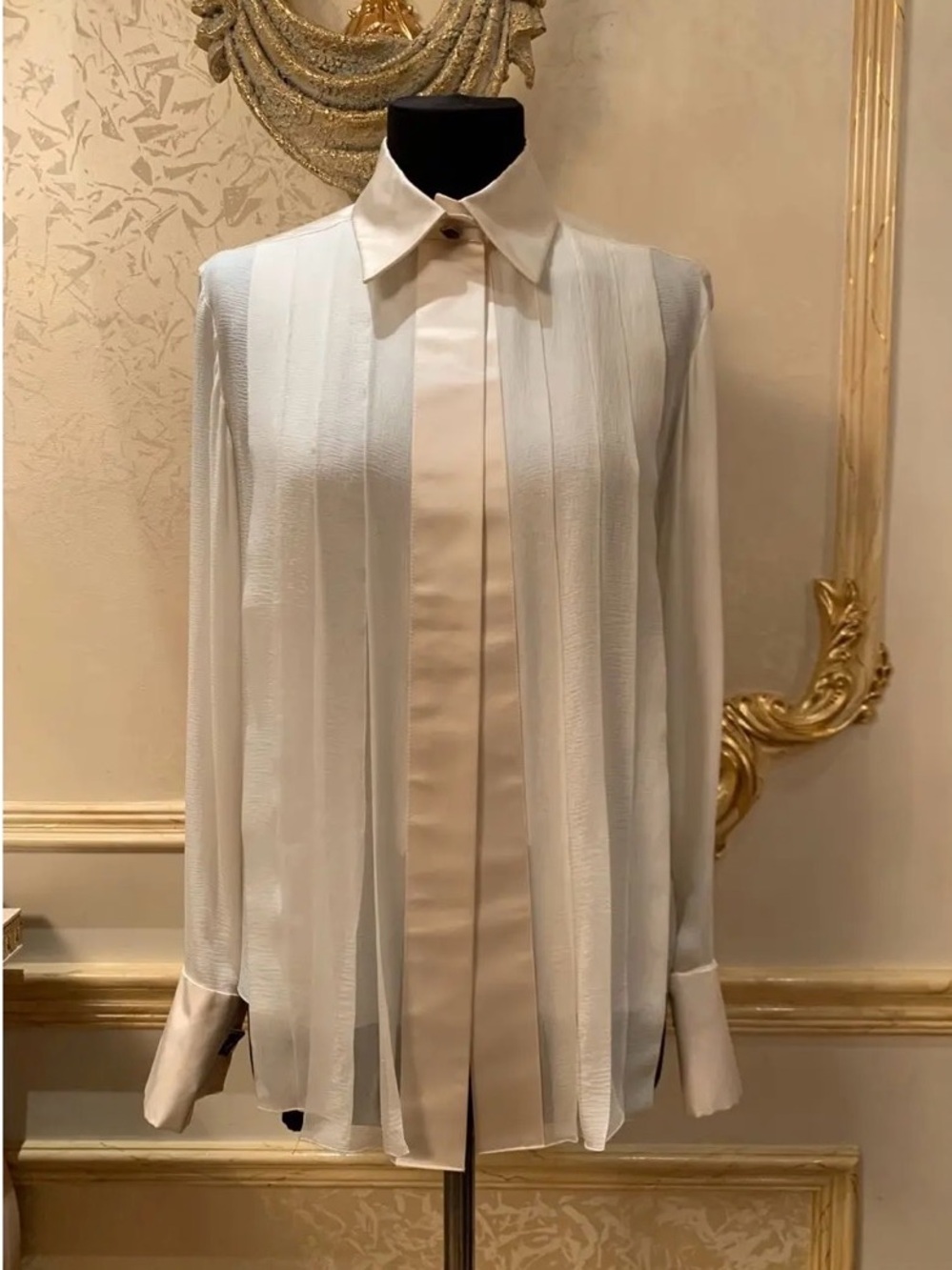CHANEL Ivory/ Beige Silk Satin Sheer Collared Long Sleeve Button-Down Blouse CC
